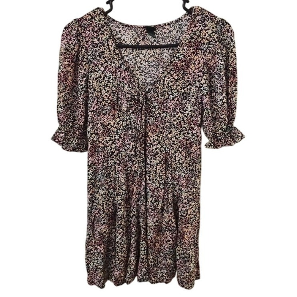 Wild Fable Women Black Pink Floral V-Neck Knot Front Puff Sleeve Mini Dress